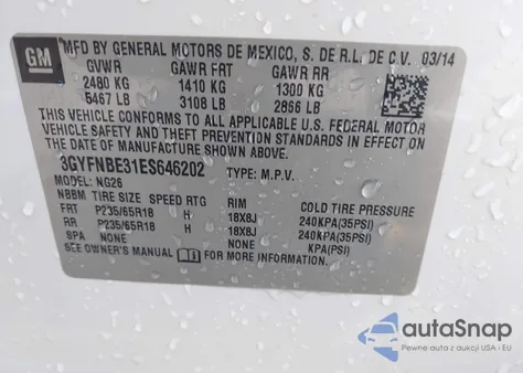 2014 Cadillac Srx Luxury Collection z USA, uszkodzony, nr VIN 3GYFNBE31ES646202